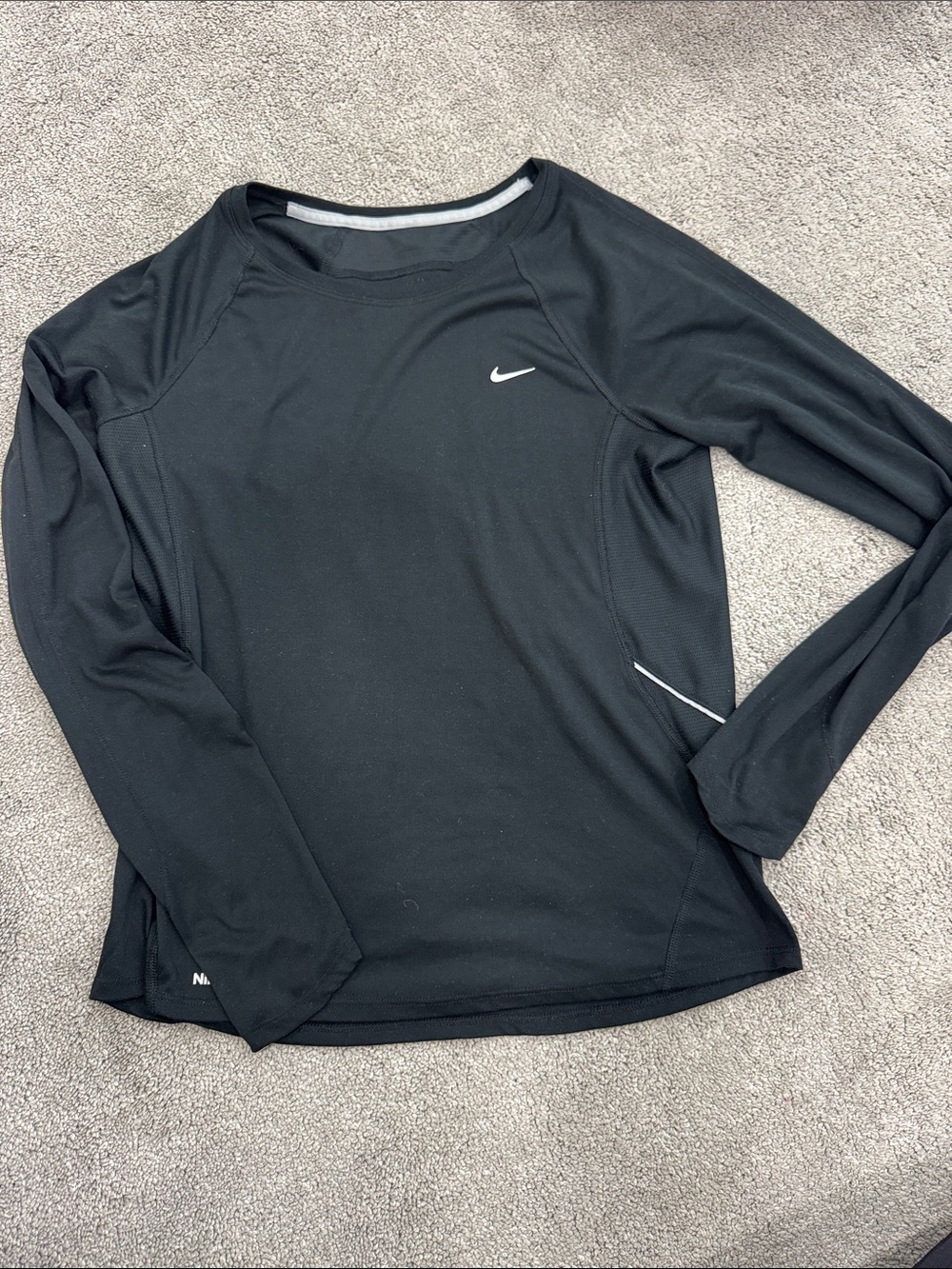 Nike Women's Dri Fit Black Long Sleeve Athletic Top with White Swoosh - M